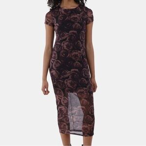 No Boundaries Dark Rose Floral Mesh Midi Dress